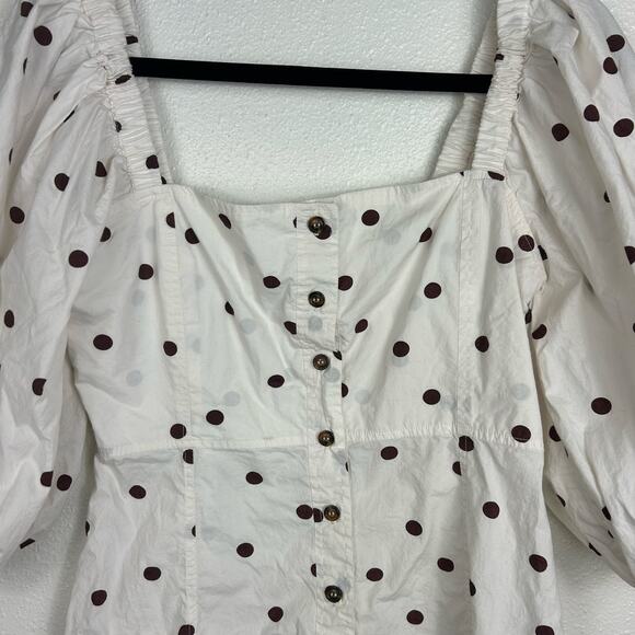 Ganni Polka Dot Printed Cotton Poplin Square Neck Top White Brown Sz 6 - Picture 6 of 9